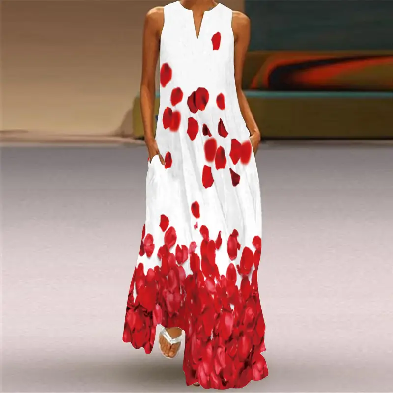 2026 Women's V-Neck Printed Long Dress with Sleeveless Pocket - Image 6