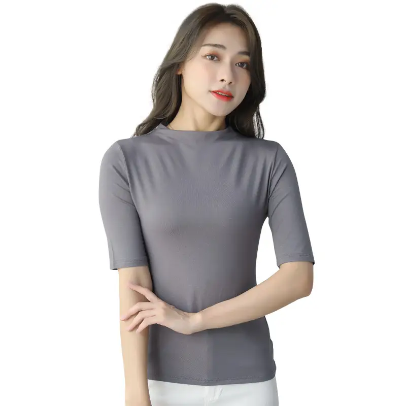 Women's Grey Half-Sleeve T-Shirt Modal Slim Fit 2023 - Image 11
