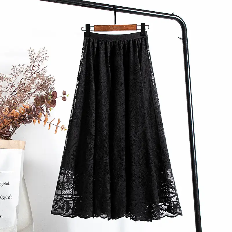 French Lace Midi Skirt Women White 2021 Spring - Image 5