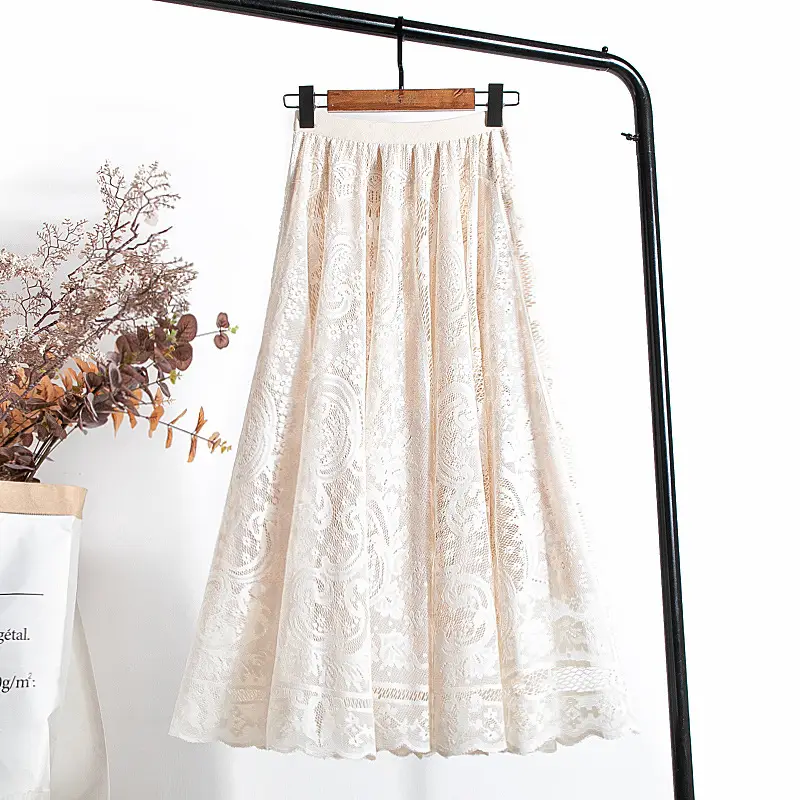 French Lace Midi Skirt Women White 2021 Spring - Image 6