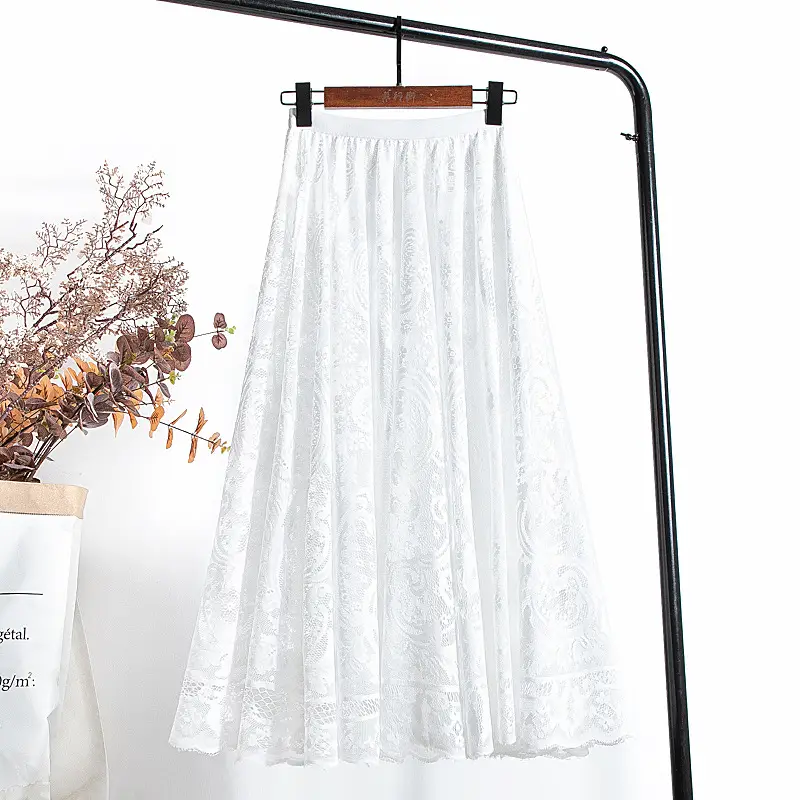 French Lace Midi Skirt Women White 2021 Spring - Image 7