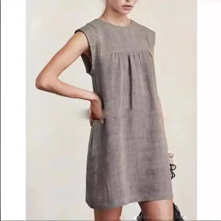 Grey Sleeveless Loose Summer Dress Cotton Linen - Image 8