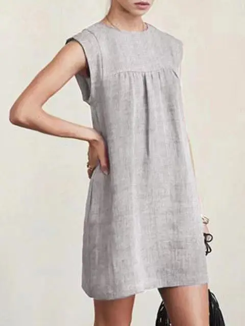 Grey Sleeveless Loose Summer Dress Cotton Linen - Image 3