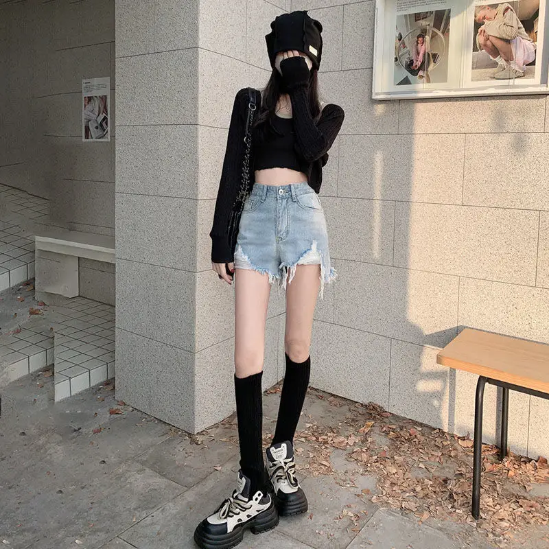 Ripped Denim Shorts Women 2021 Slim Fit Black - Image 5