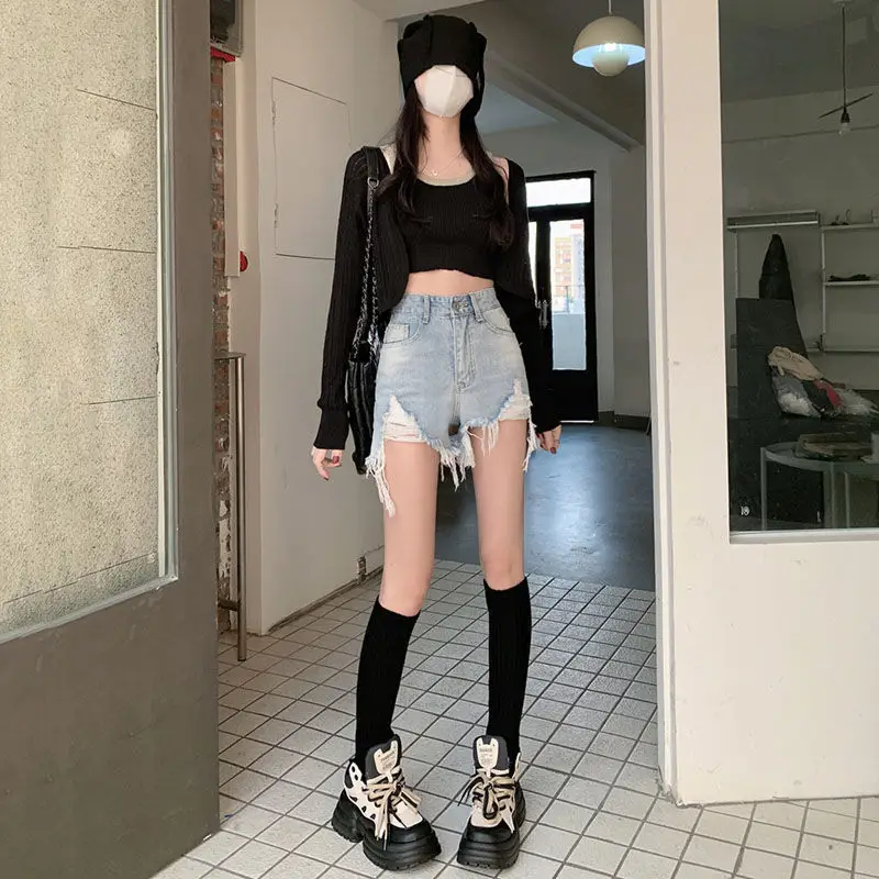 Ripped Denim Shorts Women 2021 Slim Fit Black - Image 6