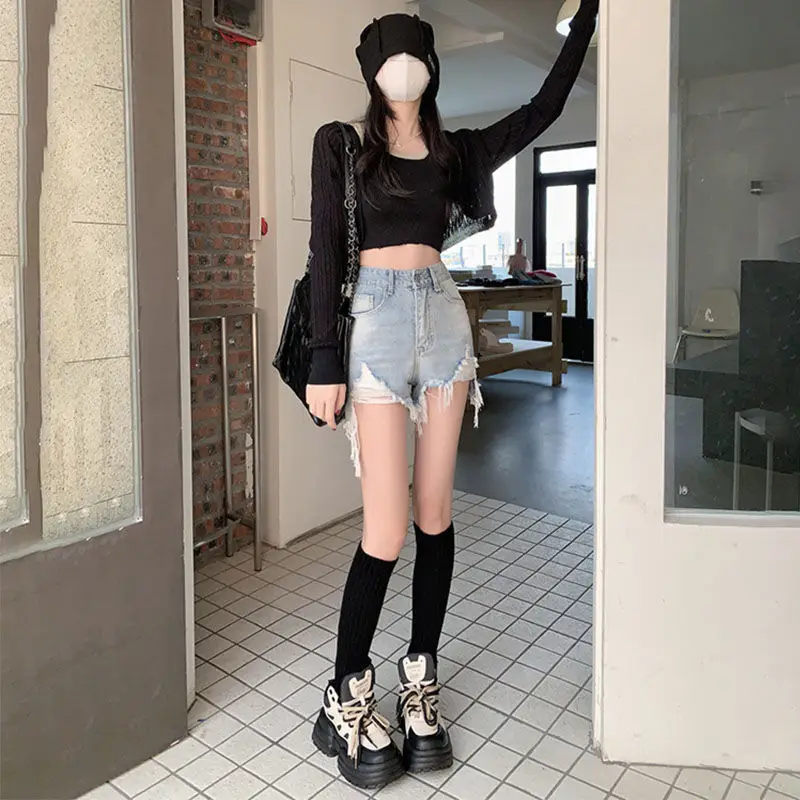 Ripped Denim Shorts Women 2021 Slim Fit Black - Image 7