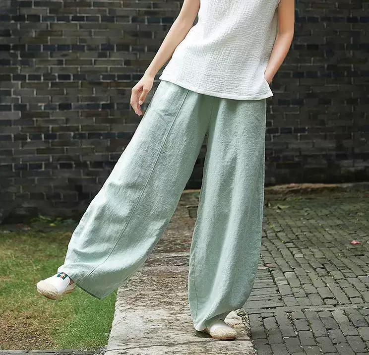 Japanese 2020 Cotton Linen Loose Trousers Zen Tight Waist Large — feature 13