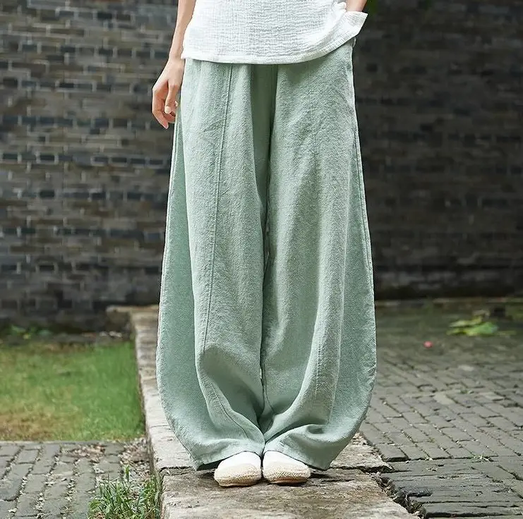 Japanese 2020 Cotton Linen Loose Trousers Zen Tight Waist Large