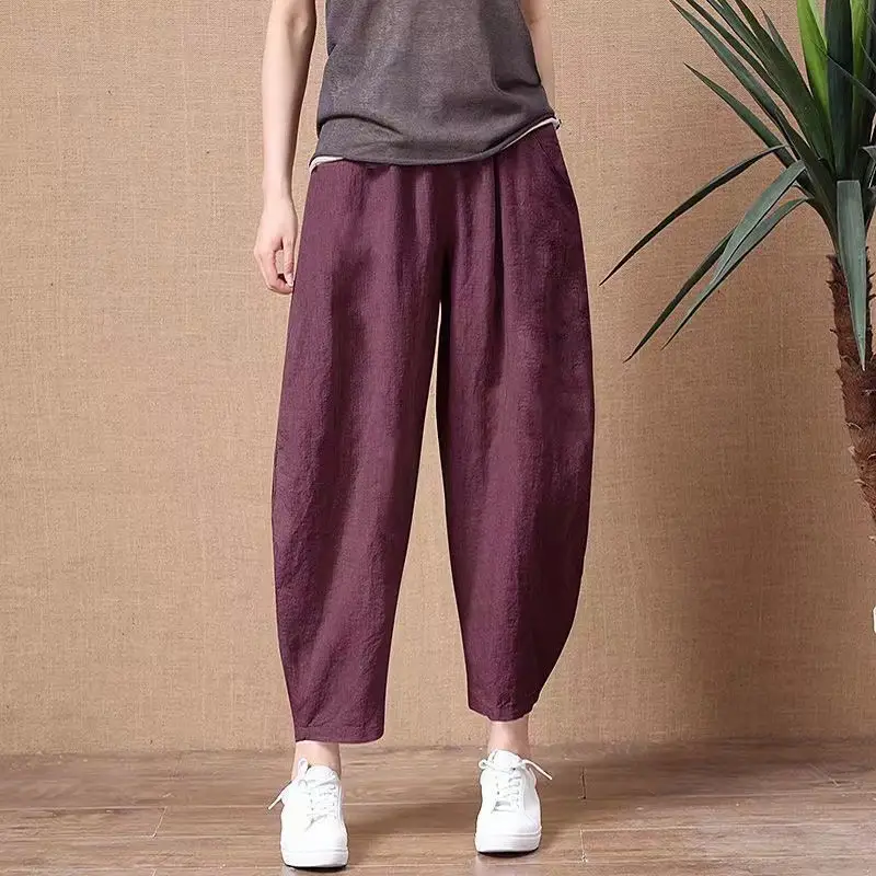 Women Wide Leg Linen Pants Maroon 2024 Summer - Image 8