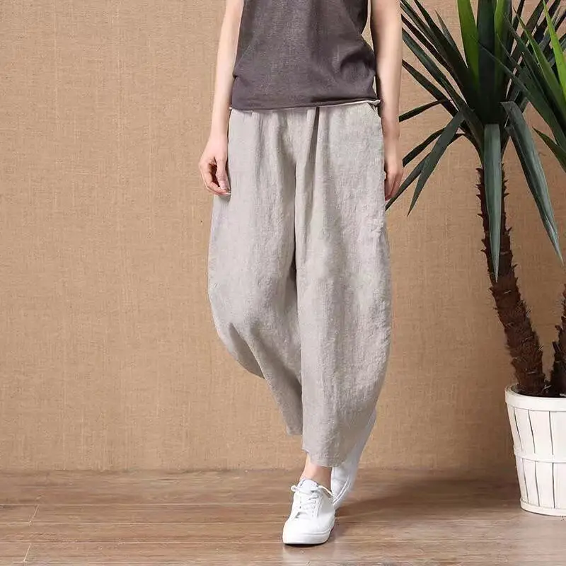 Women Wide Leg Linen Pants Maroon 2024 Summer - Image 9