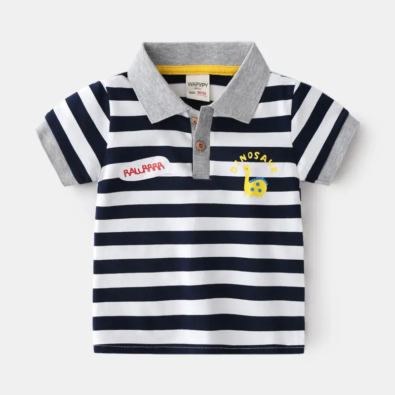 2025 Boys Navy Striped Polo T-Shirt Baby Korean Style - Image 2