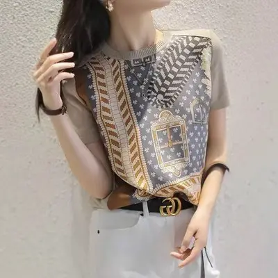 Women Printed Chiffon T-Shirt Spring Summer Elegant Twill - Image 2