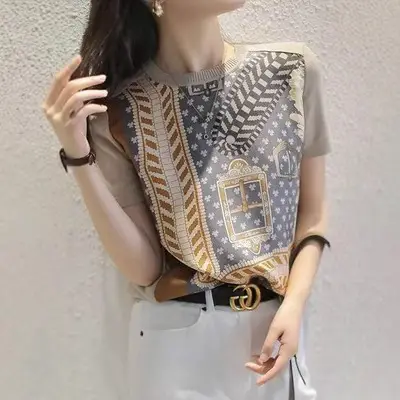 Women Printed Chiffon T-Shirt Spring Summer Elegant Twill - Image 4