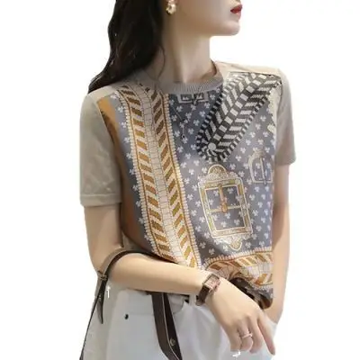 Women Printed Chiffon T-Shirt Spring Summer Elegant Twill - Image 5