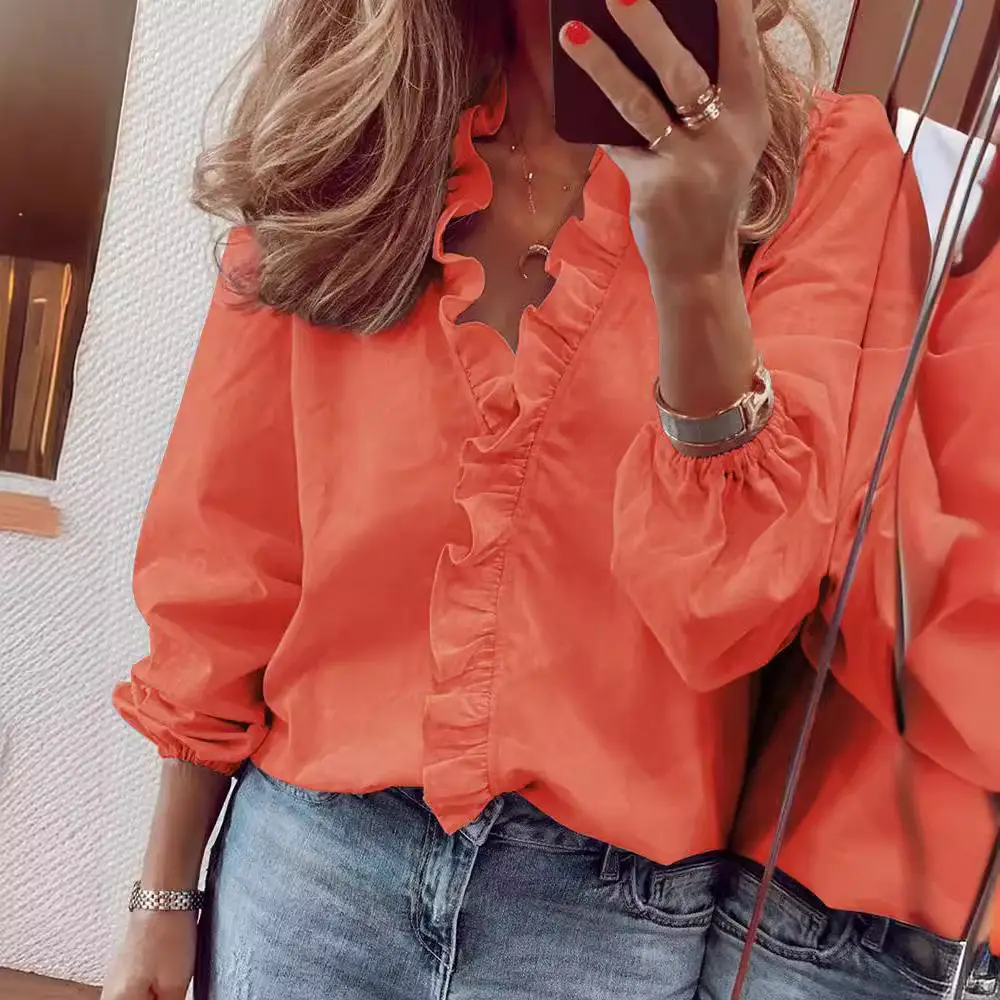 White Pineapple Ruffled Long Sleeve Women's Shirt - Image 25