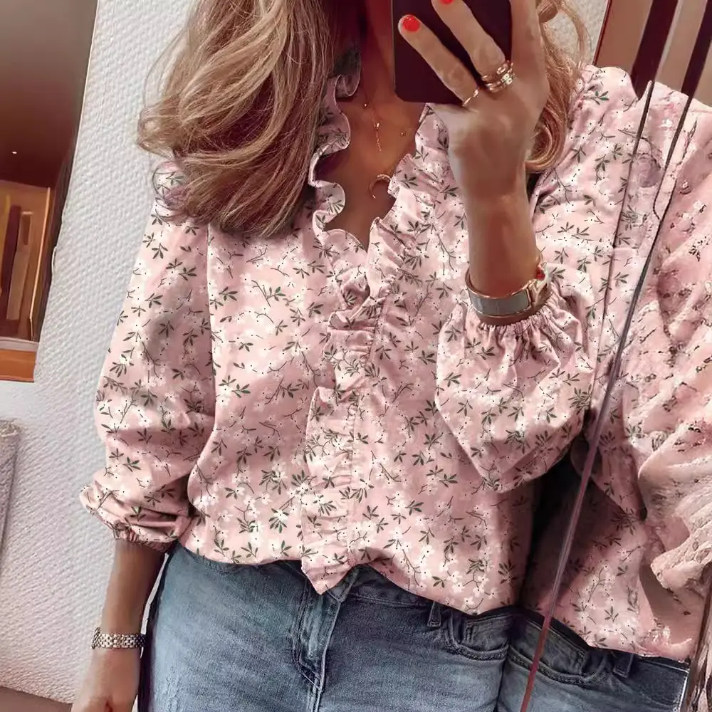 White Pineapple Ruffled Long Sleeve Women's Shirt - Image 26