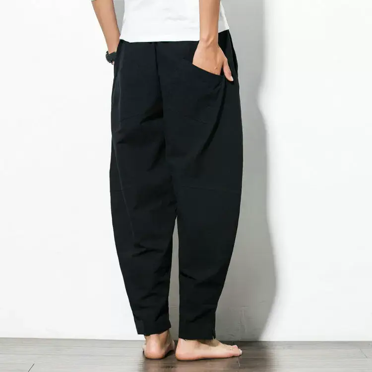 Men Navy Blue Harem Pants Plus Size Cotton Linen — feature 11