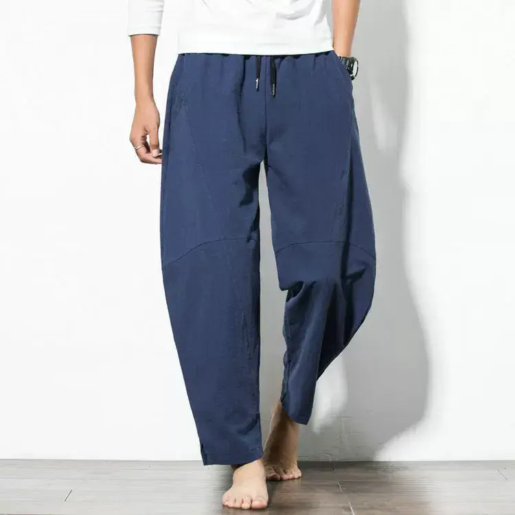 Men Navy Blue Harem Pants Plus Size Cotton Linen — feature 13
