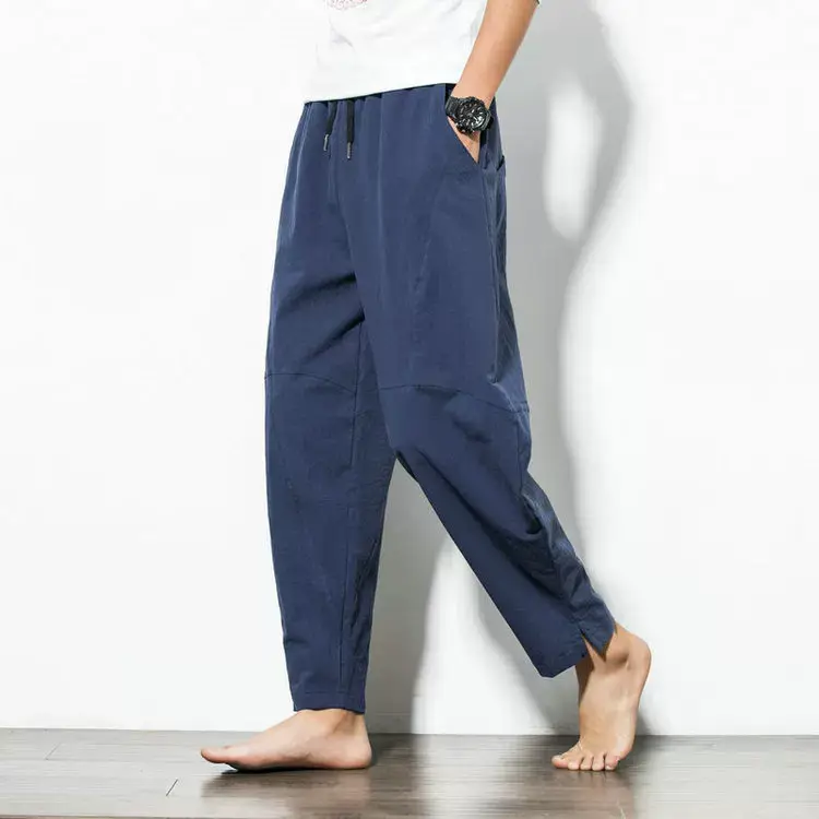 Men Navy Blue Harem Pants Plus Size Cotton Linen — feature 14