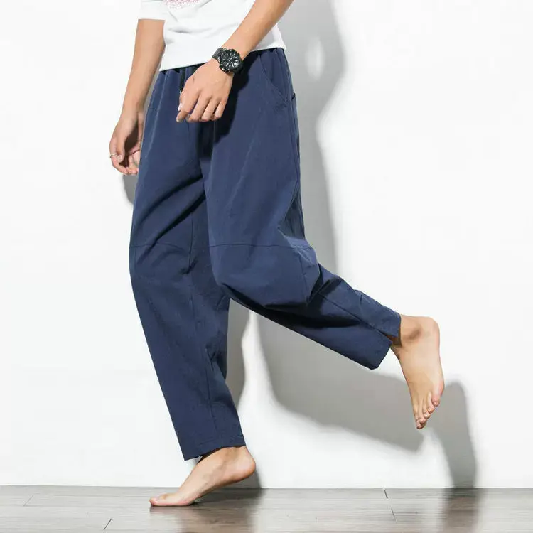 Men Navy Blue Harem Pants Plus Size Cotton Linen — feature 15