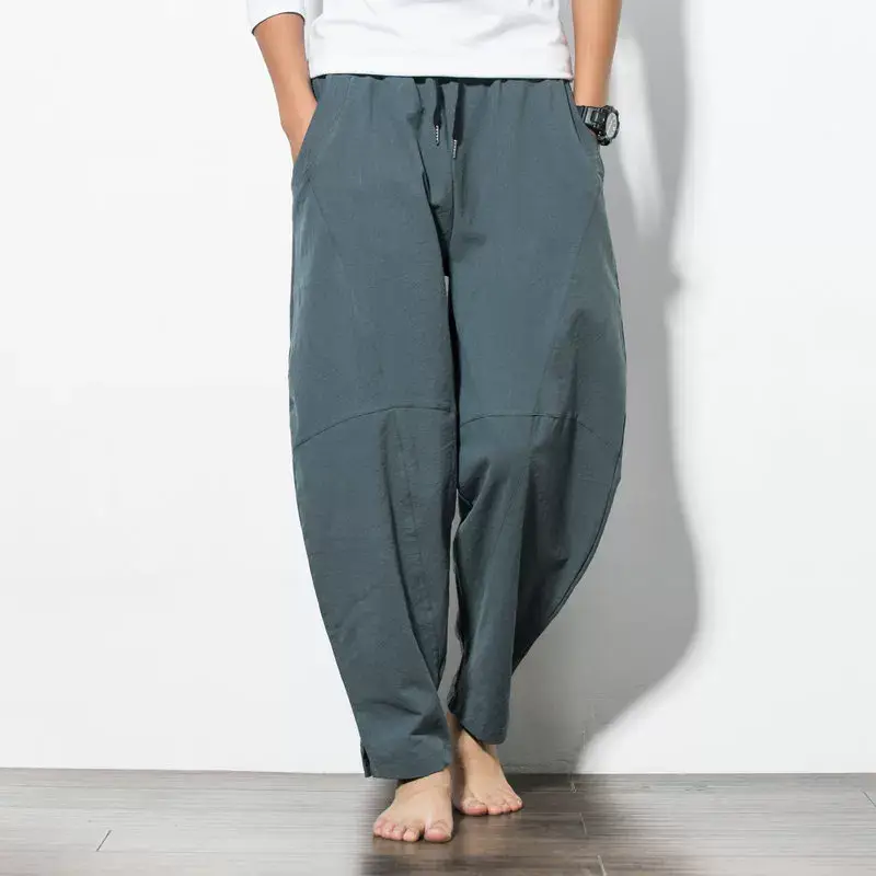Men Navy Blue Harem Pants Plus Size Cotton Linen — feature 3