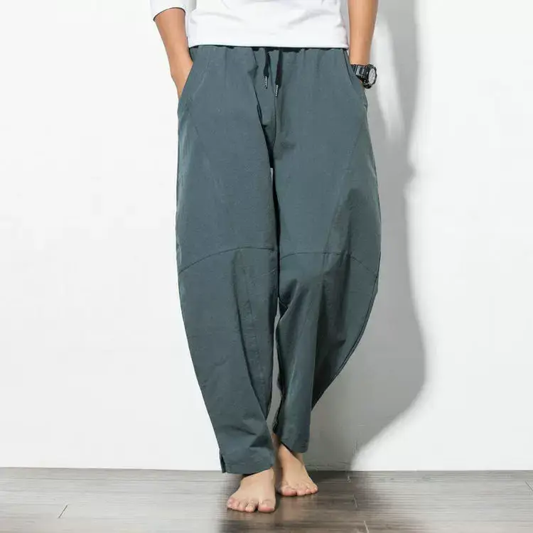 Men Navy Blue Harem Pants Plus Size Cotton Linen — feature 4
