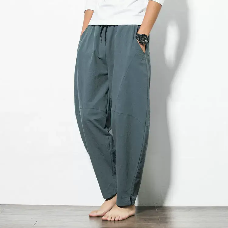 Men Navy Blue Harem Pants Plus Size Cotton Linen — feature 5
