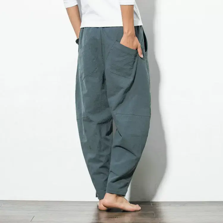 Men Navy Blue Harem Pants Plus Size Cotton Linen — feature 6