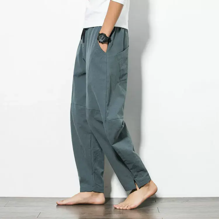 Men Navy Blue Harem Pants Plus Size Cotton Linen — feature 7