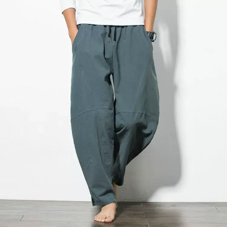 Men Navy Blue Harem Pants Plus Size Cotton Linen — feature 8
