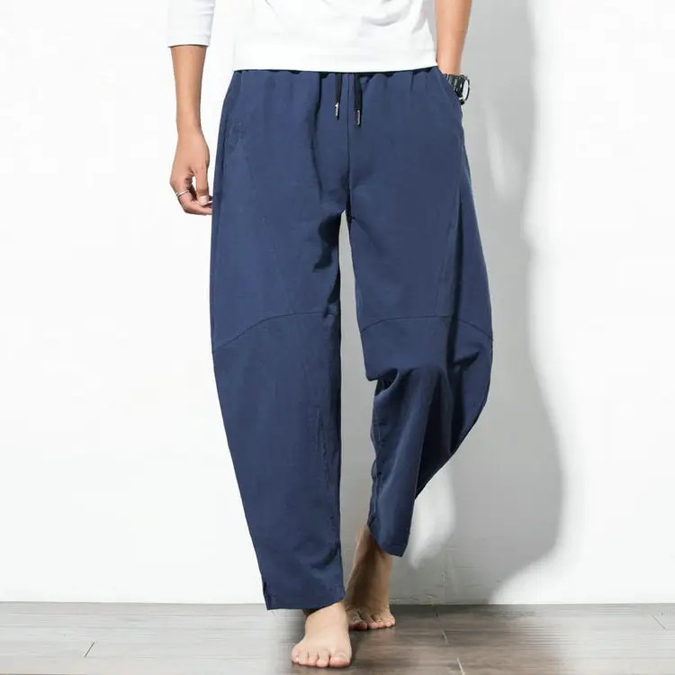 Men Navy Blue Harem Pants Plus Size Cotton Linen - Image 2
