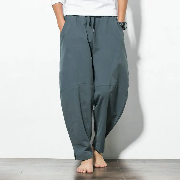 Men Navy Blue Harem Pants Plus Size Cotton Linen - Image 3