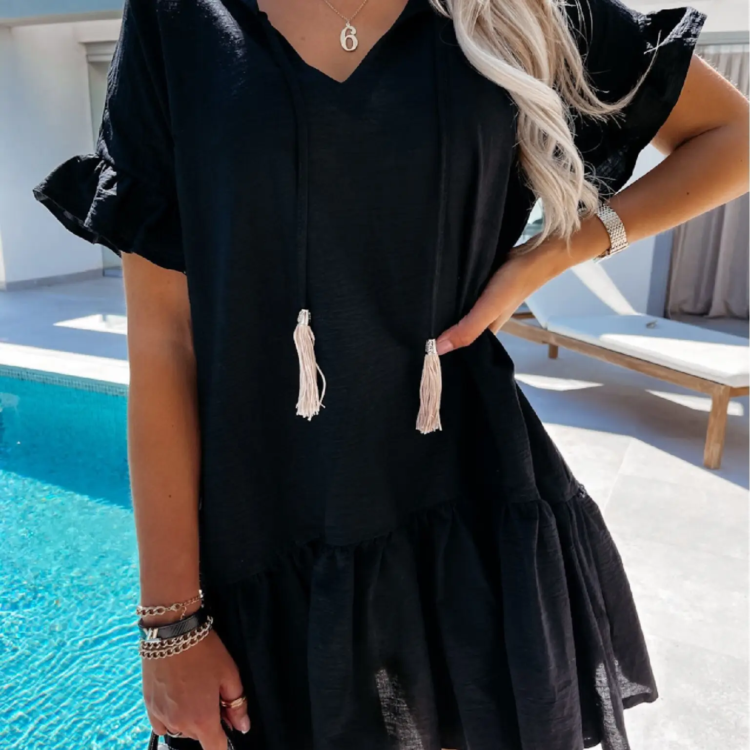 Light Blue V-Neck Ruffled Dress for Women