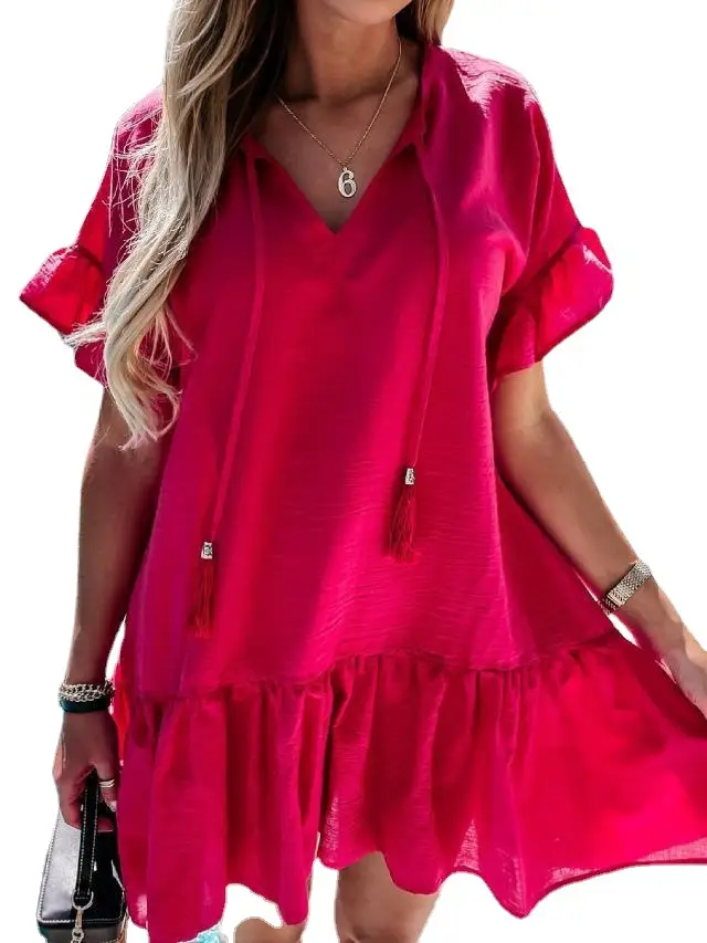 Light Blue V-Neck Ruffled Dress for Women