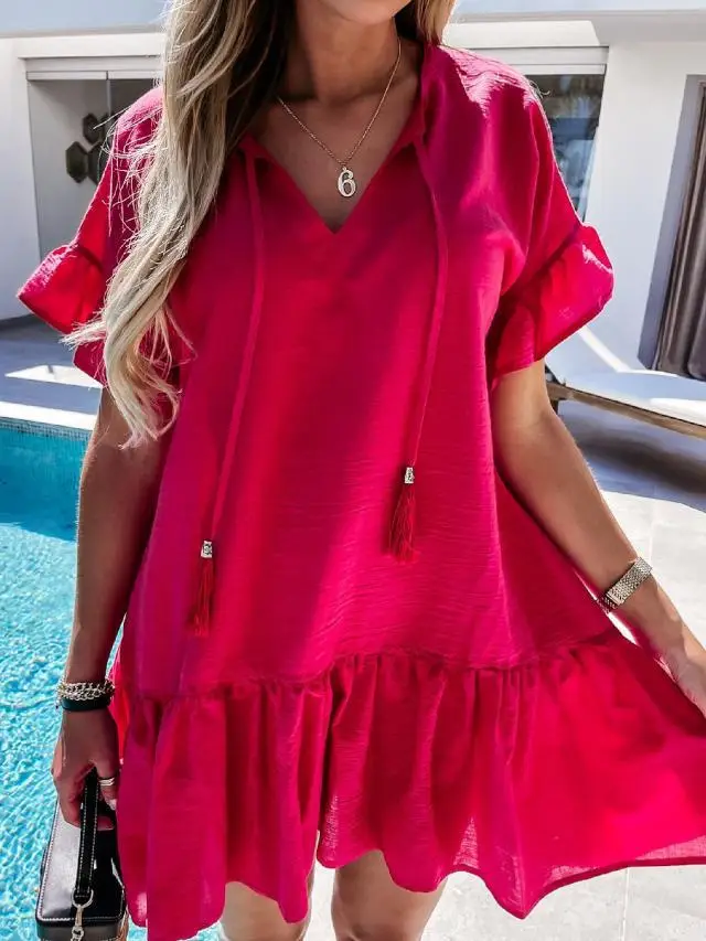 Light Blue V-Neck Ruffled Dress for Women