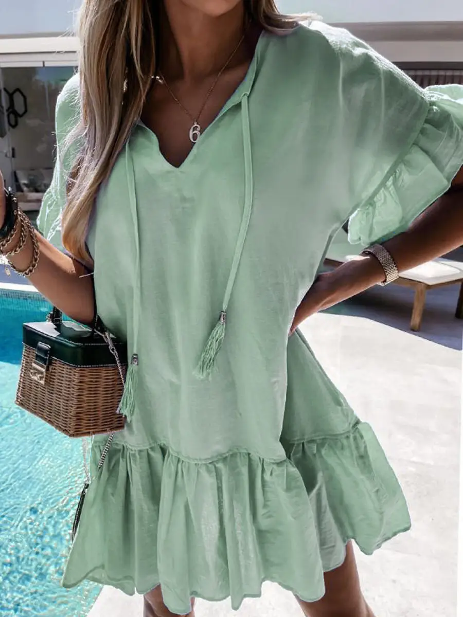 Light Blue V-Neck Ruffled Dress for Women