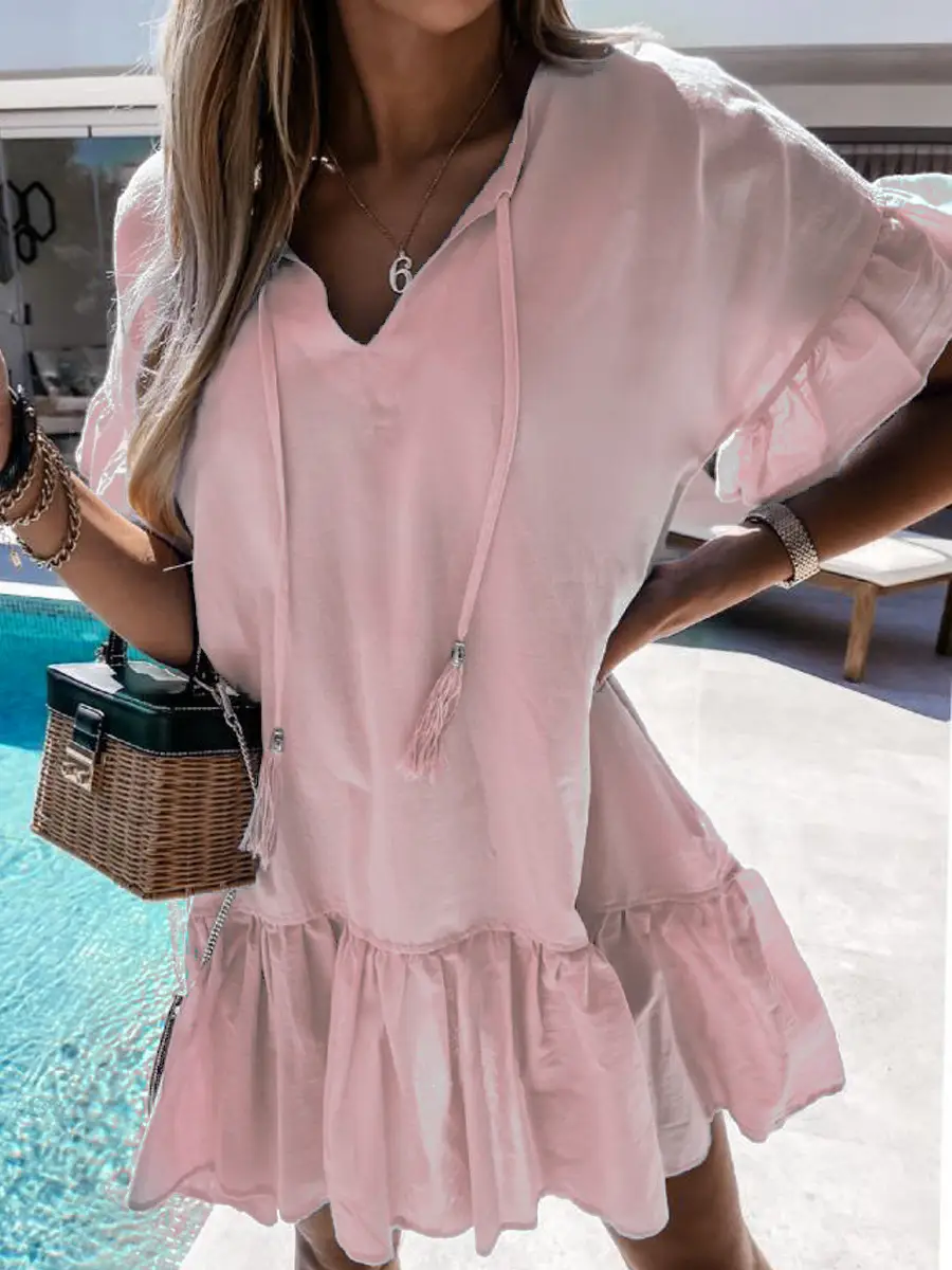 Light Blue V-Neck Ruffled Dress for Women