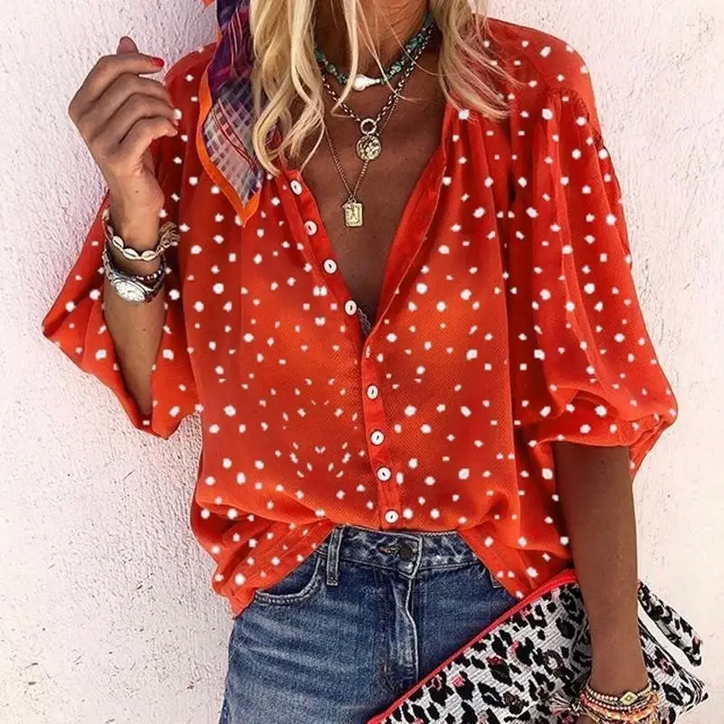 Women's Long Sleeve V Neck Polka Dot Shirt Blue - Image 6