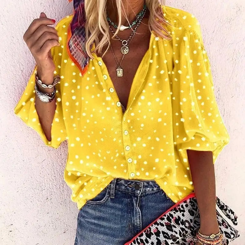 Women's Long Sleeve V Neck Polka Dot Shirt Blue - Image 10