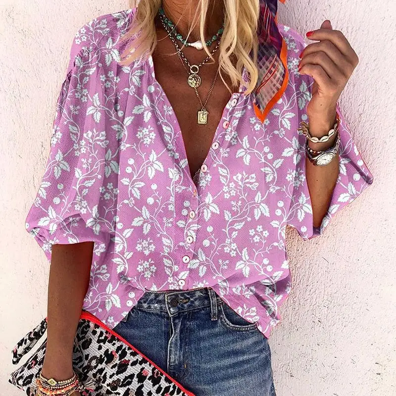 Women's Long Sleeve V Neck Polka Dot Shirt Blue - Image 2