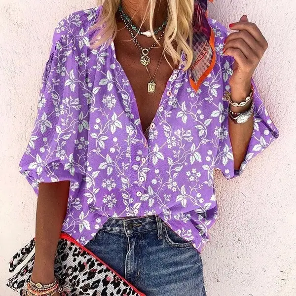Women's Long Sleeve V Neck Polka Dot Shirt Blue - Image 3