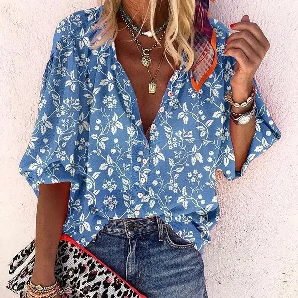 Women's Long Sleeve V Neck Polka Dot Shirt Blue - Image 5