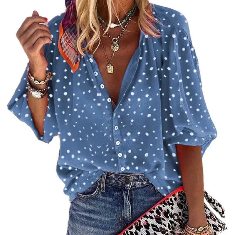 Women's Long Sleeve V Neck Polka Dot Shirt Blue - Image 7