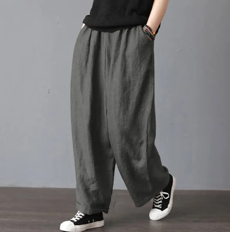 Women Cotton Linen Wide Leg Trousers Mid Waist 2022