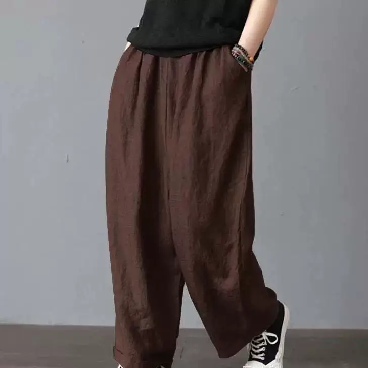 Women Cotton Linen Wide Leg Trousers Mid Waist 2022 — feature 5
