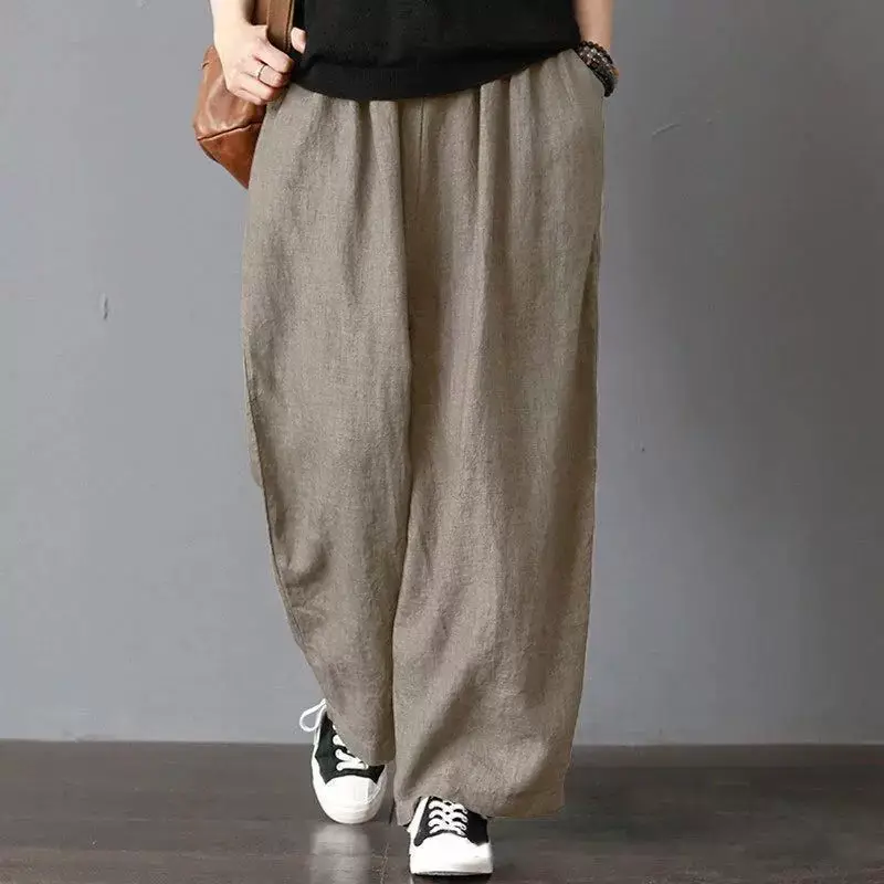 Women Cotton Linen Wide Leg Trousers Mid Waist 2022 — feature 7
