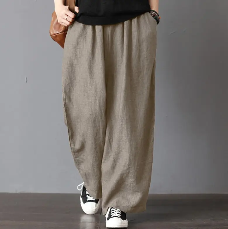 Women Cotton Linen Wide Leg Trousers Mid Waist 2022