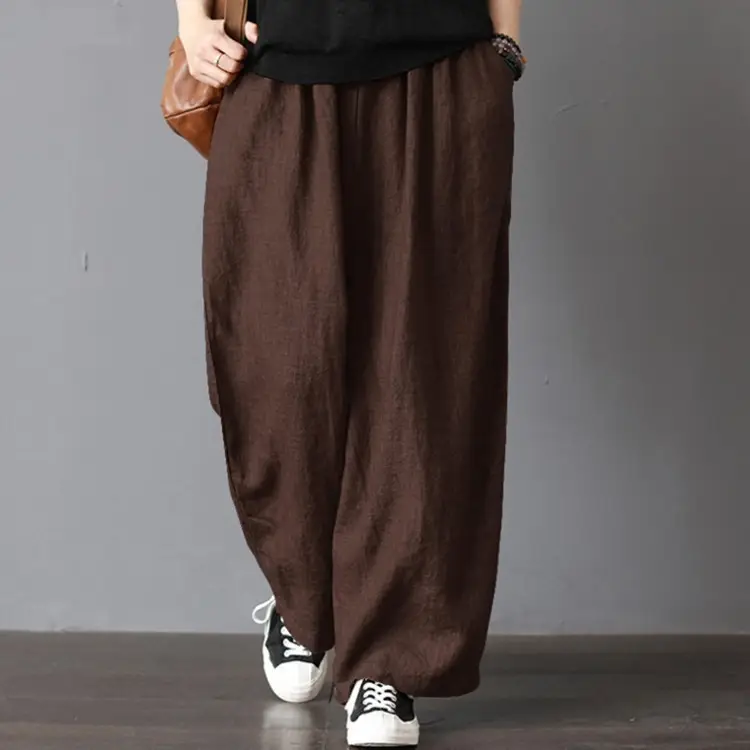 Women Cotton Linen Wide Leg Trousers Mid Waist 2022