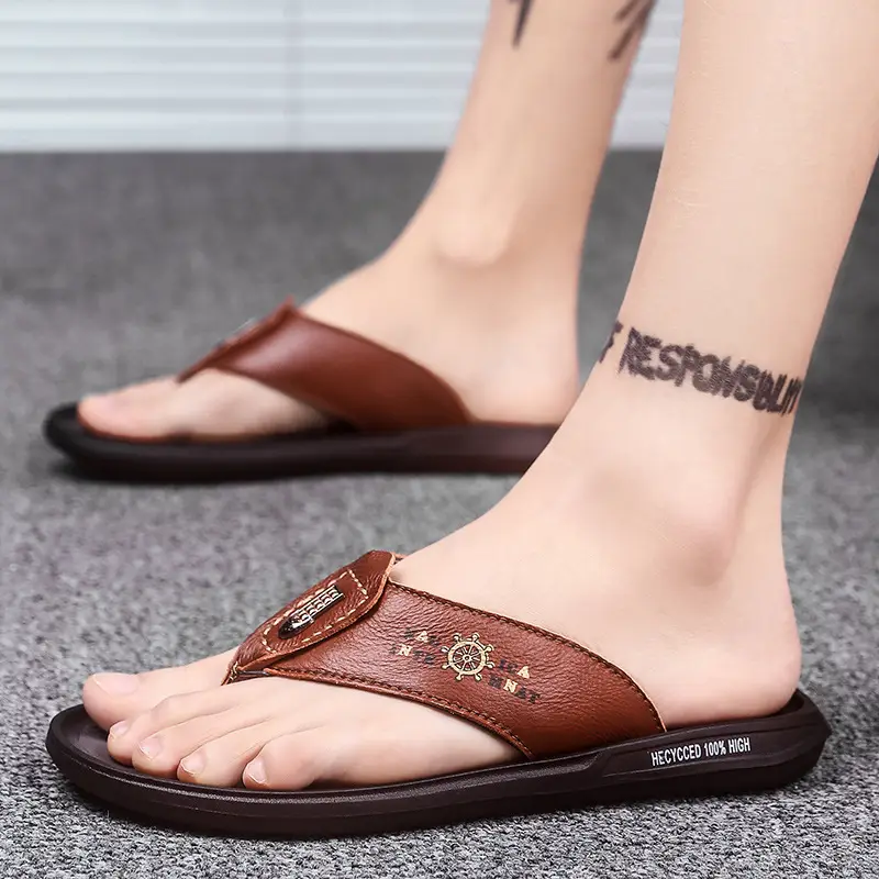 Men's Brown Leather Korean Flip Flops Summer Sandals