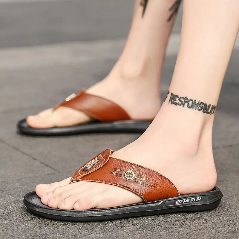 Men's Brown Leather Korean Flip Flops Summer Sandals